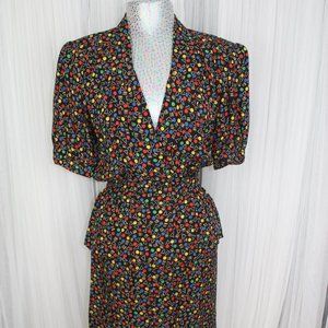 Vintage 1980s Size Small/Medium Confetti Pattern Wrap Front Blouse Pencil Skirt